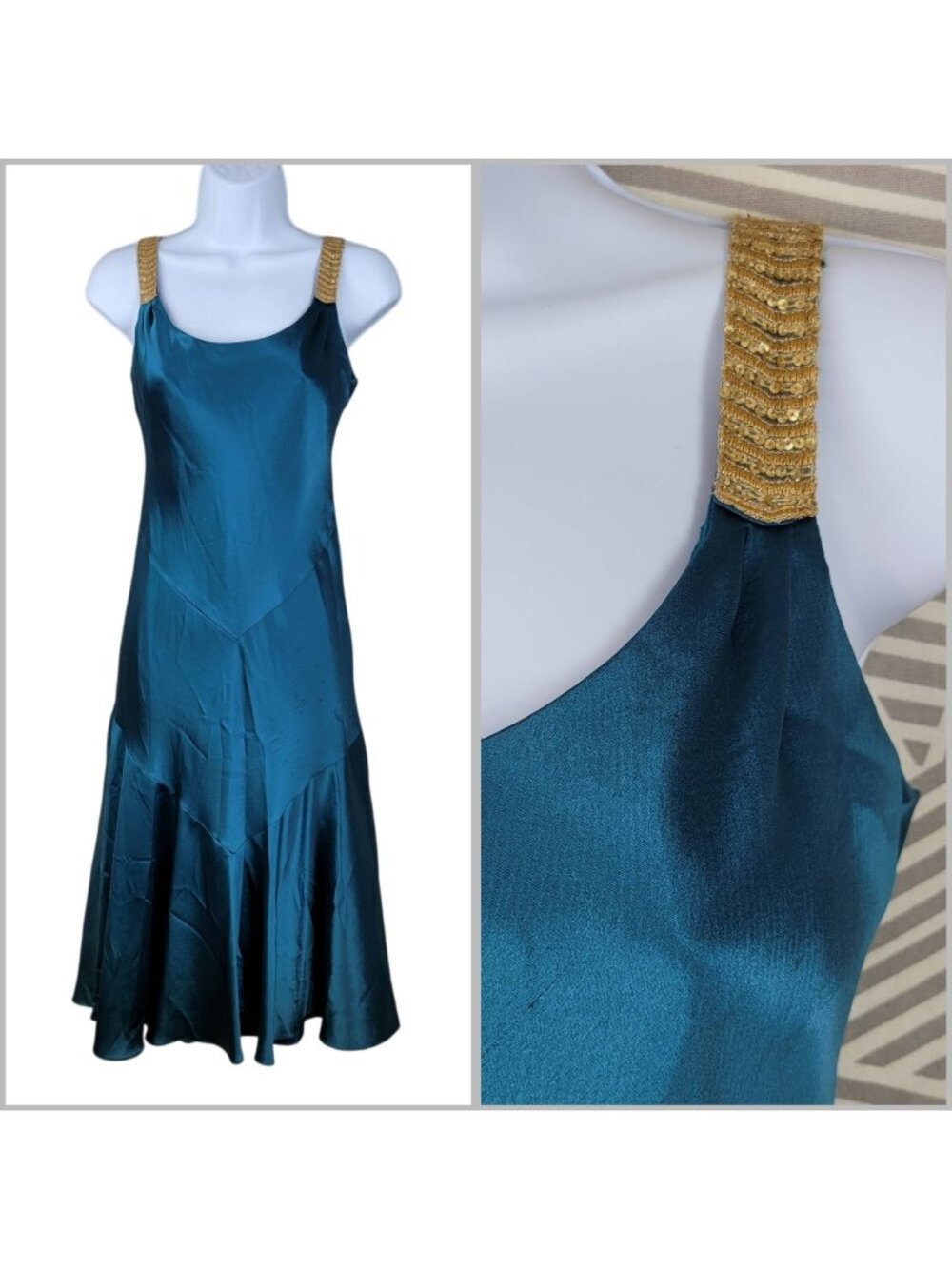 ABS Allen Schwartz Satin Dress Vintage Y2K 90s Gown Size 4 Teal Gold Flare Skirt